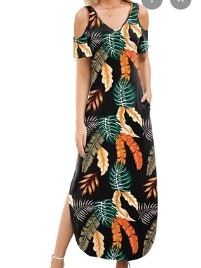 Tropical Cold-Shoulder Maxi Dress - Black with Green & Orange Leaf Print